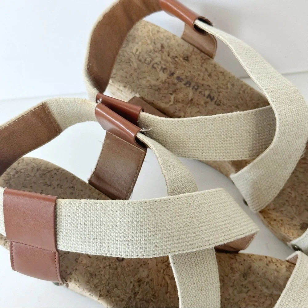 Lucky Brand Marla Cork Wedge Sandals Beige Tan Shoes Elastic Back Size 9 Boho